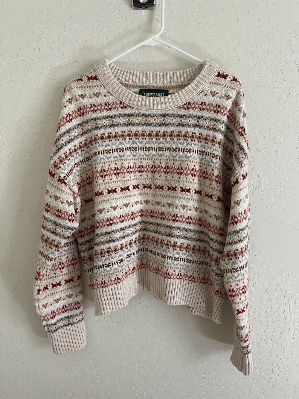 American Eagle Cream Fair Isle Crewneck Sweater